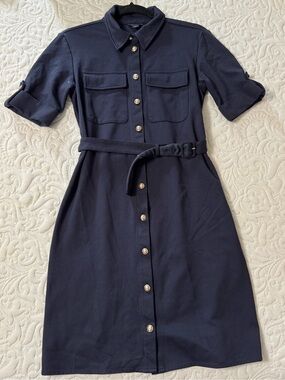Ann Taylor Navy Belted Military Shirt Midi Dress